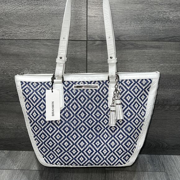 Brahmin Willa Carryall Denim Summer palm White Shoulder Bag B000503 - Picture 1 of 10